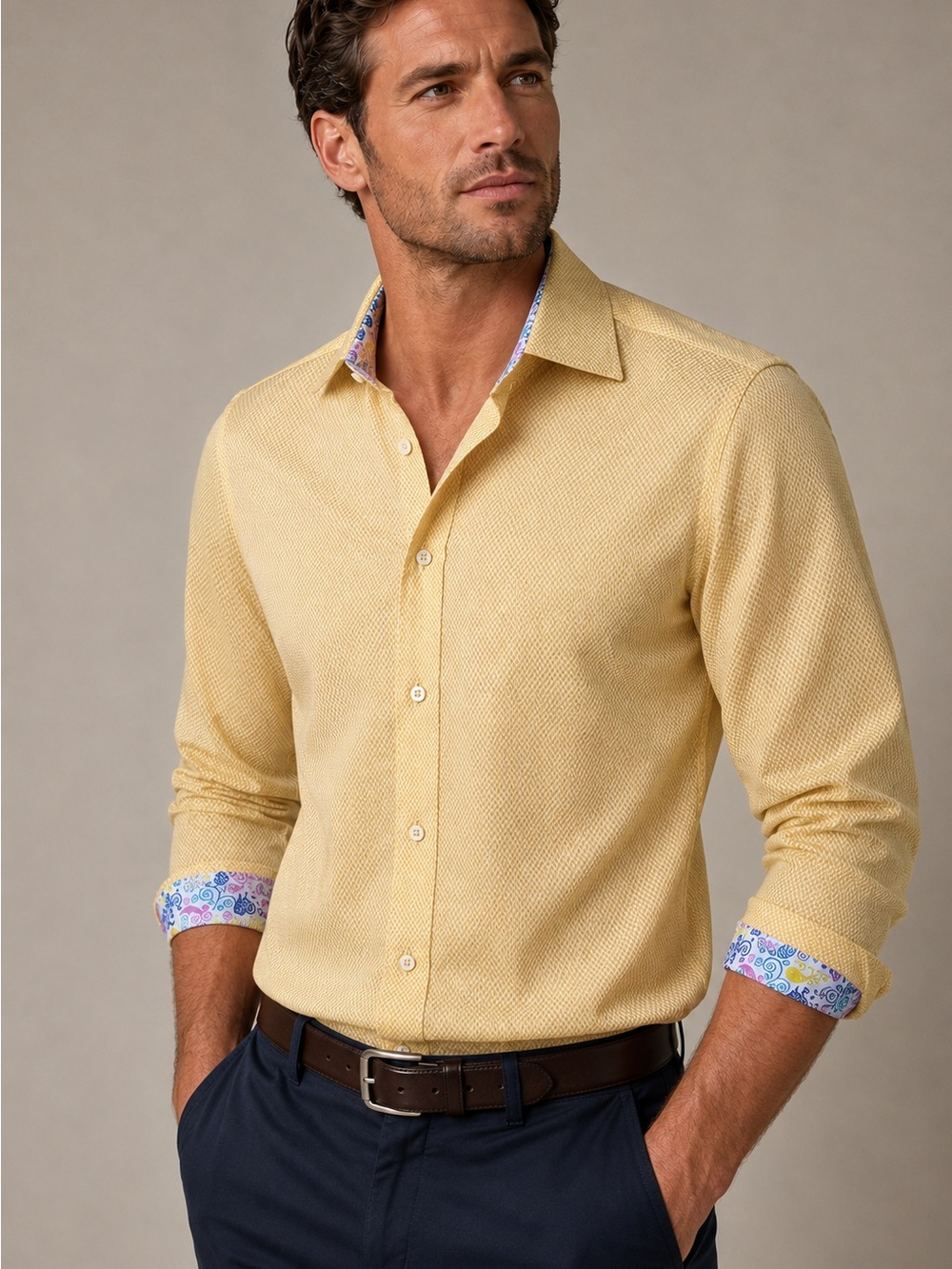 Robert Graham Men's Yellow cotton Contrast-Collar Dress Shirt 38 15 1/2